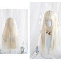 CosplayMix 60CM Heat Resistant Hair Lolita Long Straight Light Blonde Halloween Party Bangs Cute Synthetic Cosplay Wig+Cap Gift ของขวัญ