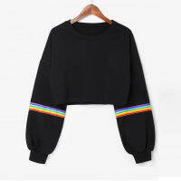 【 Cw】rainbow Striped Patchwork Hoodie แฟชั่นสาวฤดูใบไม้ร่วงแขนยาว O คอ Crop Top เสื้อ Hip Hop Pullover เสื้อในสต็อก