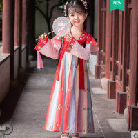 Hanfu ชุดถังแบบจีนสำหรับเด็กผู้หญิงชุดเครื่องแต่งกายโบราณสีแดงดอกซากุระบาน