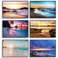 Gold Sea Landscape Canvas Art - Tropical Palm Tree Wall Decor สำหรับห้องนั่งเล่น-Sunset Hawaii Beach ภาพวาดสำหรับผ่อนคลายบรรยากาศบ้าน