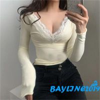 【On Clearance】BAY-Ladies Lace Splicing Tops, Spring Autumn Leisure Style Women Solid Color Deep V-neck Long Sleeve Blouse Sexy Slim Base Shirt