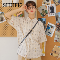 SHUFU 2371 สต็อกพร้อม สไตล์เกาหลี ชีฟอง เสื้อเชิ้ตแขนสั้นสำหรับผู้หญิง พลัสไซส์ ดอกไม้ หลวม ท็อปส์ซูการ์ตูน