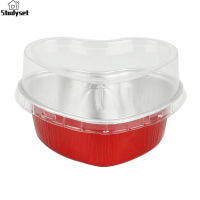 Studyset IN stock 50 Pcs 100ml Tin Foil Cake Cup With Lid Heart-shaped Aluminum Foil Pudding Mousse Disposable Baking Tray Heat Resistant Mould