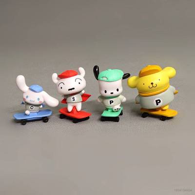 HZ 4pcs Sanrio Cinnamoroll Pachacco Purin Crayon Shin-chan White Action Figure Skateboard Model Dolls Toys For Kids ZH