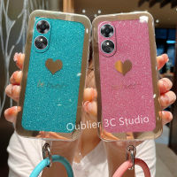 เคสโทรศัพท์ OPPOA58 OPPOA38 OPPO A58 A38 4G เคส ปลอกดีไซน์ใหม่ข้อเสนอร้อนกลิตเตอร์ชุบไฟฟ้ารูปหัวใจกันกระแทกโทรศัพท์มือถือปกแข็งพร้อมสายรัดข้อมือ Case 2023