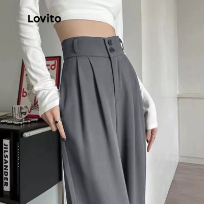 [ส่งของ]Lovito กางเกงขายาว จับจีบ ซิปรูด สีพื้น สไตล์ลำลอง สำหรับผู้หญิง L49AD132 (สีเทา)