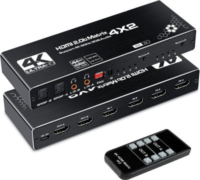 avedio links 4K 60Hz 4x2 HDMI Matrix Switch, HDMI 2.0b Matrix Switch 4 in 2 Out, 4K HDMI Switcher Splitter + Optical and L/R Audio Output, Scaler EDID with Remote, HDCP2.2, HDR 10