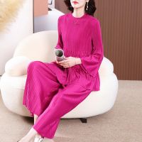 2023 Hot Miyake High-End Casual Suit Womens  New Mom Autumn Clothes Pleated Large Size Fashionable Wide Leg Pants Two-piece Set