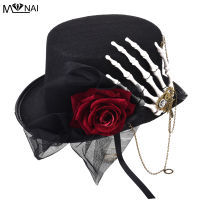 Vintage Retro Women Fedora Steampunk Rose Lace Skeleton Hand Top Hat Gothic Party Gears Punk Hats Accessory