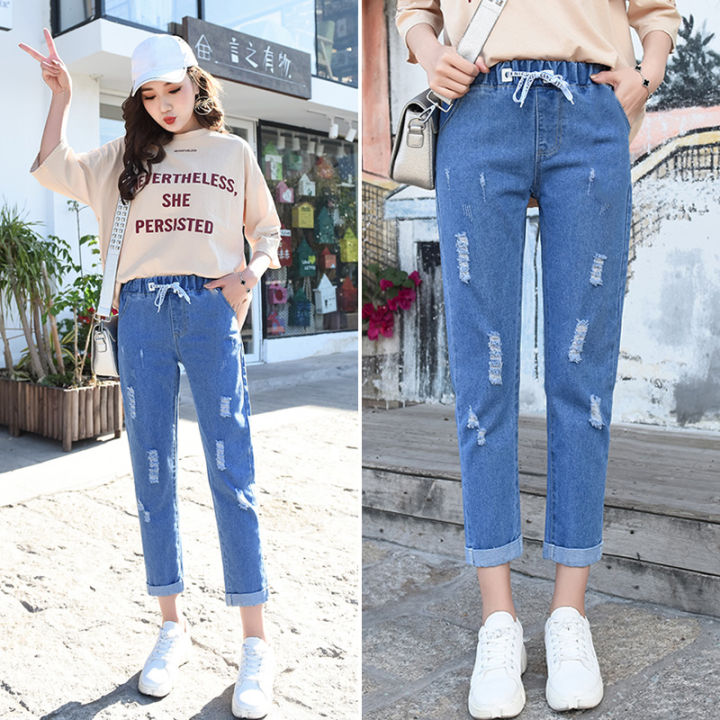 ลดพิเศษ-mingdeng-jeans-k9n10-กางเกงยีนส์ขายาวทรงหลวมของผู้หญิงฤดูใบไม้ร่วงเอวสูงกางเกงขายาวกางเกงขายาวสีน้ำเงินมีเก็บปลายทาง-cod