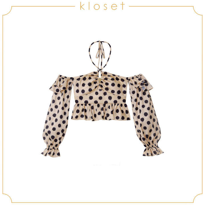 kloset-off-shoulder-top-pf21-t001-เสื้อปาดไหล่-ผูกคอ-ผ้าลายจุด-ชายเสื้อแต่งระบาย-เสื้อแขนยาว-เสื้อผู้หญิง-เสื้อผ้าแฟชั่น