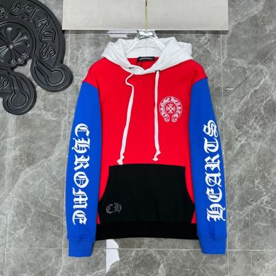 W5XF Chrome Hearts 2023 autumn and winter New contrast color design stitching Sanskrit horseshoe red mouth printed loose hooded sweater for men and women