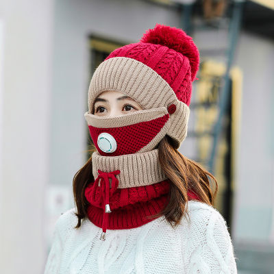 Cross-border hat female winter day warm hat to keep warm and lovely hat three-piece earmuffs knitted cap