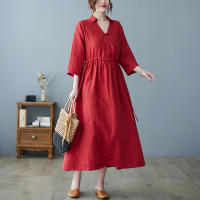 New Arrival Cotton Linen Half Sleeve Fashion Women Casual Midi Spring Summer Dress Draw String Office Lady Work Dress