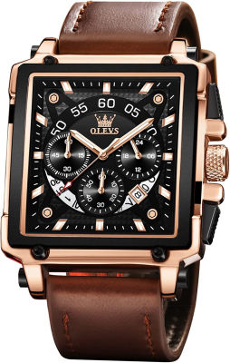 OLEVS Square Watches for Men Brown Leather Chronograph Fashion Business Watch Luminous Waterproof Casual Wrist Watches