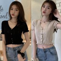 Women V-neck Button Hollow Ruffled Knitted Short sleeved Crop T-shirt