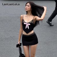 ✼◄ 2080 Lanlanlolo เสื้อสายเดี่ยวลําลอง ผ้าตาข่าย ประดับโบว์ สีพื้น เซ็กซี่ สําหรับผู้หญิง 2023