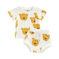 Infant Baby Girls Boys 2PCS Pants Suit, Cute Leopard Head Short Sleeve O-Neck T-Shirt + Same Style Straps Triangle Short Pants  by Hs2023