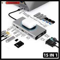 FAHEEMIDEN 15 in 1 Pd ชาร์จไฟ เครื่องอ่านการ์ด การชาร์จแบบไร้สาย แท่นวางอุปกรณ์ 4K HDMI VGA ฮับ USB Type-C