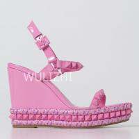 Women New Full Pink Stud Wedge Sandal Platform Slingback String Bead Ruffle Design Heels Round Shallow Casual Office Lady Shoes