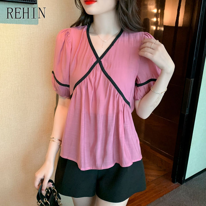 rehin-ผู้หญิงฤดูร้อนใหม่เกาหลีรุ่น-v-คอสี-blocking-แขนสั้นเสื้อ-webbing-patchwork-หลวม-elegant-เสื้อ