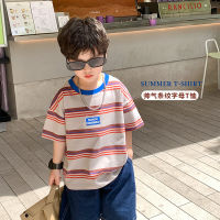 Childrens 2023 Summer letter stripes short-sleeved T-shirt boys and girls baby Korean style western style contrast color loose top fashion