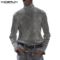 INCERUN Mens Solid T เสื้อแขนยาวคอเต่าแฟชั่น Nigthclub Party เสื้อยืดคอสูงเงาเสื้อผ้า Plus ขนาด7