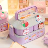 ✎۩❆ Portable Double-layer Lunch Box Plastic Picnic Bento Box Microwave Food Box with Compartments Storage Containers with Tableware
