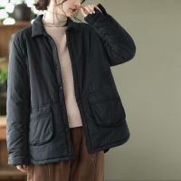 Johnature Women Solid Color Loose Coats Vintage Turndown Collar Long Sleeve Pocket Coat 2021 Winter New Casual Cotton Clothing