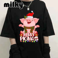 2023 NewGothic Tee เสื้อ Merry Pigmas เสื้อยืดผู้หญิงปีใหม่น่ารักหมู T เสื้อสัตว์กราฟิก Y2k เสื้อยืดหญิงขนาดใหญ่ T เสื้อ