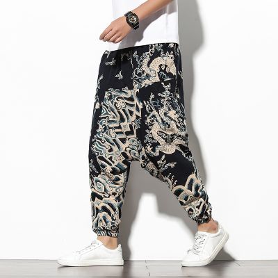 Men Traditional Style 2023 Summer Dragon Printed Casual Cotton Harem Pants Korean Style Loose Hip Hop Streetwear Male Trouser