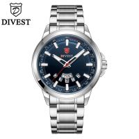 ⌚นาฬิกาผู้ชายของแท้ DIVEST นาฬิกาควอตซ์กันน้ำ Relógios Masculinos สำหรับนักธุรกิจนาฬิกากีฬาชายวันที่เจิดจรัส