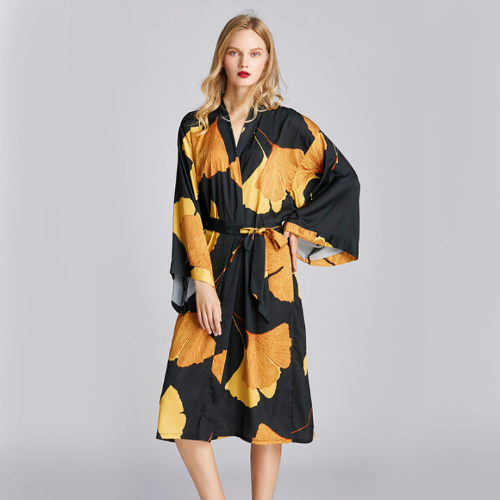 2021Women Pajama Spring Summer Large Size Loose 2021 New Maple Leaf Dressing Sexy Gown Robe Sets Home Morning Bathrobe Nightdress