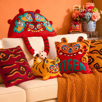 2022 Chinese New Year Tiger Pillow Cushion Cover Embroidery Tiger Doll Chinese Spring Festival Living Room Sofa Home Decoration