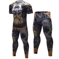 Mens Sport Running Set Compression T-Shirt+Pants Skin-Tight Short Sleeves Fitness Rashguard MMA Training Clothes Gym Tights Suit