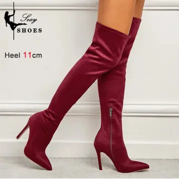 Slim Thigh Socks Boots Stretch Flock Blue Red Black High Heels