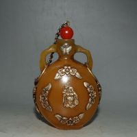 □❧ Rare Handwork Old Tibet Silver Armor Rice Imitate Amber Wax Maitrey Buddha Snuff Bottle Mosaic Butterfly Collection Ornaments