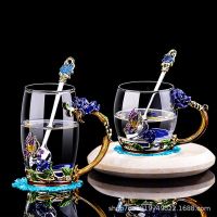 Rose Enamel Crystal Coffee Mug Tea Cup with Gift Box Butterfly Rose Painted Flower Glass Water Cup with Spoon Set Couple Gift