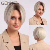 Gemma Bob วิกผมผู้หญิงสั้นตรงไล่เฉดสีสังเคราะห์ตัดนางฟ้าธรรมชาติสีดำสีบลอนด์สีน้ำตาลผมสีขาวเส้นใยทนความร้อนได้