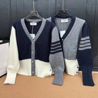 New Spring/Autumn Classic College Style Contrast V-neck Knitted Cardigan Sweater Womens Slim Fit Coat