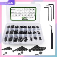 YESMILE 900Pcs เหล็กอัลลอยเกรด10.9 สกรูฝาครอบซ็อกเก็ตหัวปุ่ม HEX M2 M3 M4 สีดำสีดำ ประเภทสกรูเมตริก พร้อมประแจหกเหลี่ยม สลักเกลียวเมตริก เครื่องจักรความแม่นยำสูง