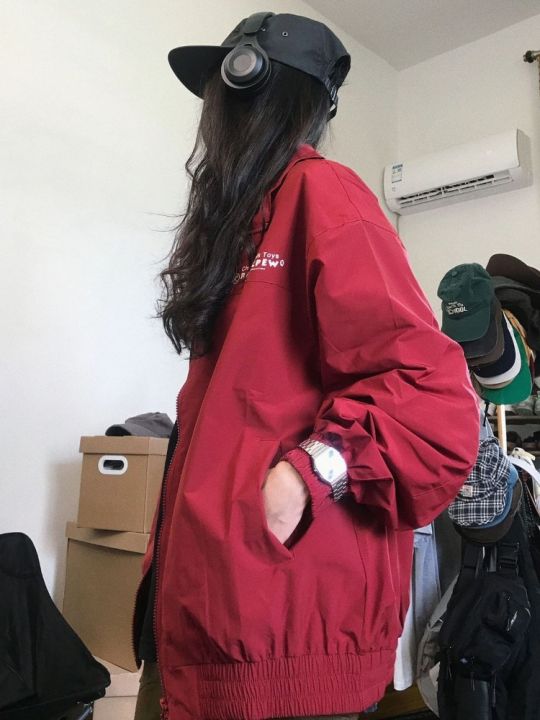 เสื้อคลุมแนวสตรีทวินเทจของผู้หญิงเสื้อแจ็กเก็ตนักบินแดงฮาราจูกุแจ็คเก็ตขนาดใหญ่-y2k-เสื้อโค้ทมีซิปฮิปฮอปสไตล์เกาหลีกันลม