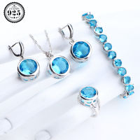 Natural Silver 925 Women Jewelry Sets Blue Zircon Bridal Bracelets Rings Wedding Stones Necklace Earrings Pendant Set Gifts Box