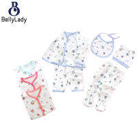 5 Pieces Newborn Cotton Suit Long Sleeves Single Breasted Tops Trousers Bib Cap 5-in-1 Set【fast】