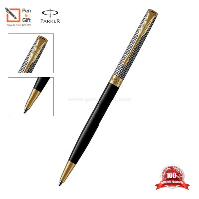 Parker Sonnet Slim Chiselled Silver &amp; Black GT Ballpoint Pen  - ปากกาลูกลื่น ซอนเน็ต สลิม ชิเซิล สีดำเงินคลิปทอง ของแท้100% (พร้อมกล่องและใบรับประกัน)