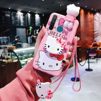 สำหรับ Realme 5 5i 6i 5S Realme C2 C3 3D การ์ตูนน่ารัก Hello Kitty เคสโทรศัพท์สีชมพูนุ่มเคสโทรศัพท์แบบซิลิโคนผู้ถือ Lanyard