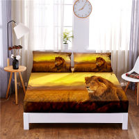 Lion Digital Printed 3pc Polyester Fitted Sheet Mattress Cover Four Corners with Elastic Band Bed Sheet Pillowcases