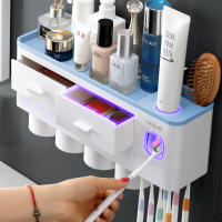 Dust-proof Toothbrush Holder With 2 Storage Drawers And Bathroom Cosmetic Shelf Auto Toothpaste Squeezer Dispenser Set Organizer