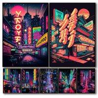 80S Neon Cyberpunk Tokyo โปสเตอร์สุนทรียภาพของเมืองที่มีสีสันคืนผ้าใบศิลปะพิมพ์บนผนังสำนักงานบ้านนักท่องเที่ยวของขวัญตกแต่งห้อง