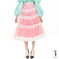 TandT - GIRL CRUSH Skirt FRILL TRIM TIERED MIDI SKIRT กระโปรงยาวทรงพองบาน ตกแต่งลูกไม้ทอริบบิ้นโบว์ ผ้าตาข่ายเนื้อละเอียด